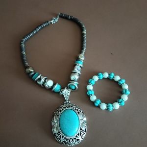 Southwestern Style Blue Brown Beaded Necklace w Blue Bracelet
